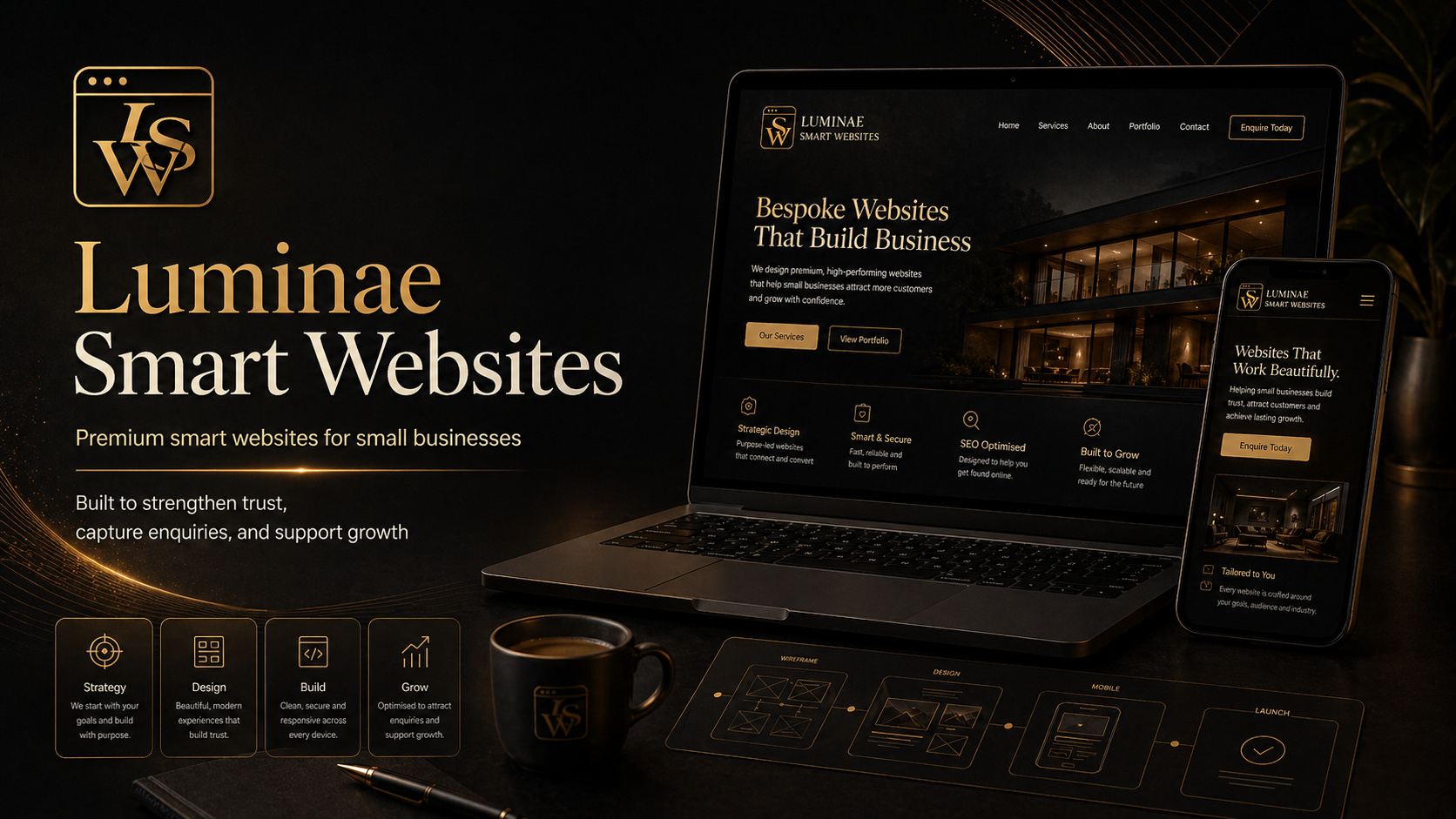 Smart Websites UK redesign — laptop, mobile and wireframe-to-launch flow on a dark gold-accented desk